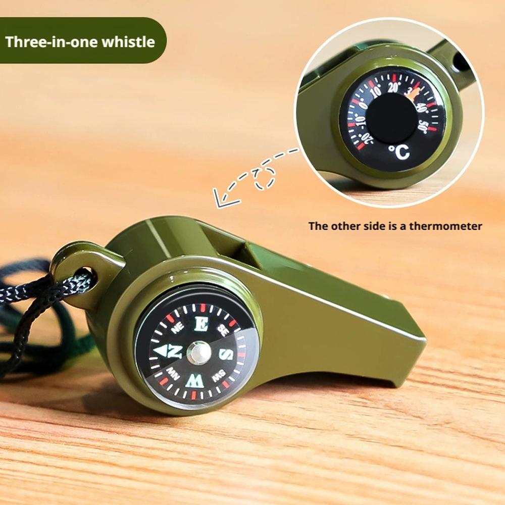 New 7 In 1 Camping Hiking Emergency Survival Whistle with Compass,Thermometer,Outdoor Whistle Camping Tools ArmyGreen Color
