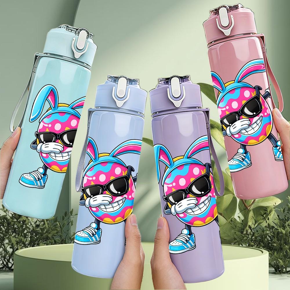 1PC Colorful Hip Hop Rabbit Character Print 750ml Color Plastic Sports Water Bottle Leakproof Flip Straw Lid Suitable for Sports Office Home Use