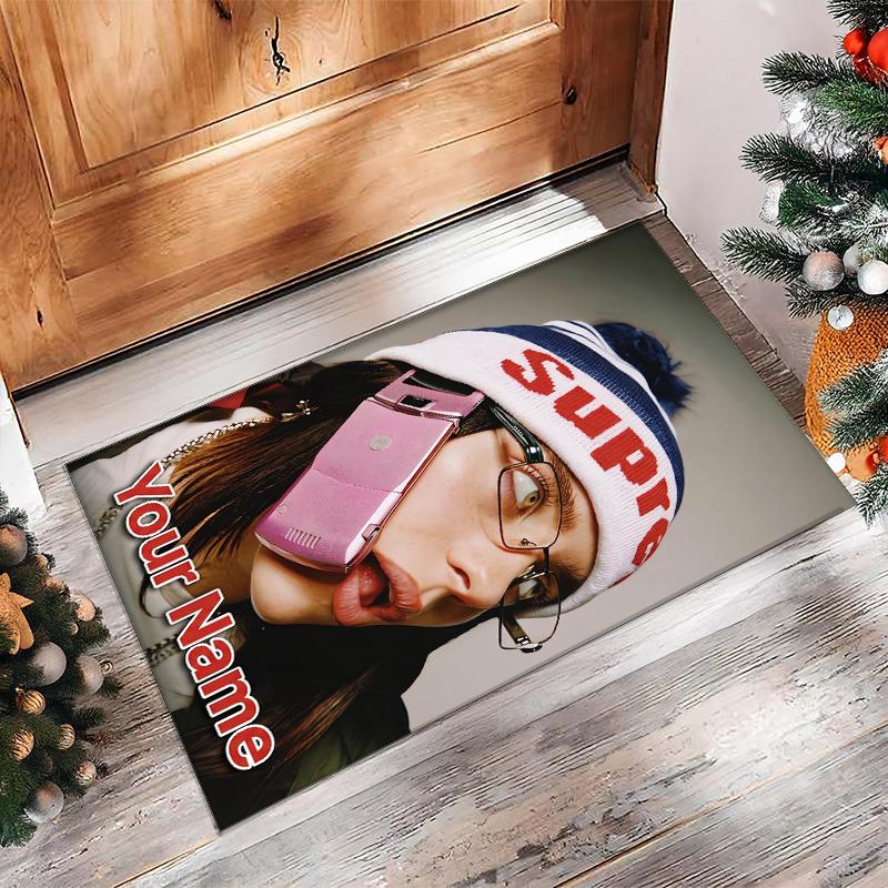Billie Eilish Crystal Velvet Rug, Custom Name Text Personalized Non‑Slip Floor Mat for Home Decor Gift