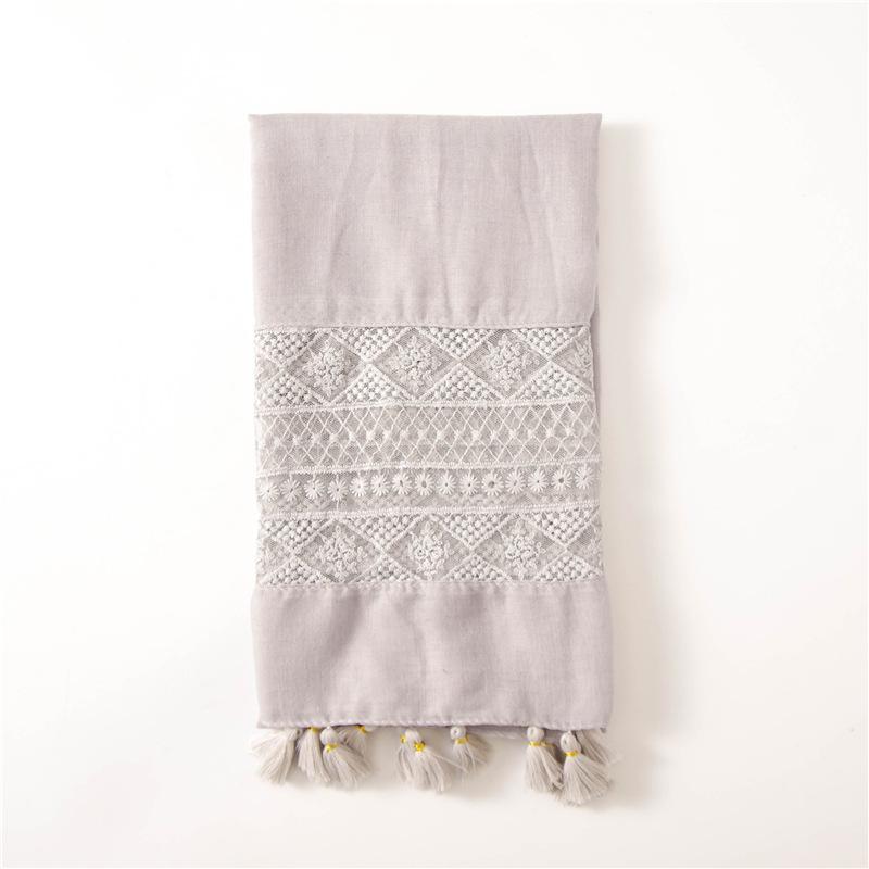 2024 Four Seasons Women'S Refreshing Literary Solid Color Elegant Scarf Lace Splicing Embroidered Silk Scarf Sunscreen Shawl Air Conditioning Scarf