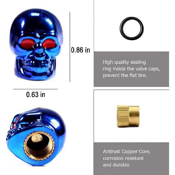 Dsycar Skull Style Tire Valve Stem Caps Antirust Copper Core, Red Eyes with Rubber Ring, Universal Stem Covers for Cars, SUVs, Bike and Bicycle,