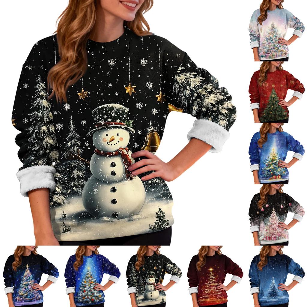 Women's Fashion Casual Long Sleeve Christmas Printed Round Neck Plus Velvet Thickened Sweatshirt