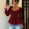 Women's Sexy V-Neck Drawstring Shirred Long Sleeve Top Color