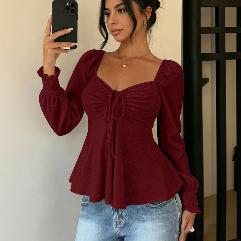 Women's Sexy V-Neck Drawstring Shirred Long Sleeve Top Color