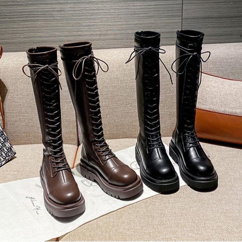 Women's Slimming Knee-High Black Lace-up Riding Boots with Thick Sole 2025