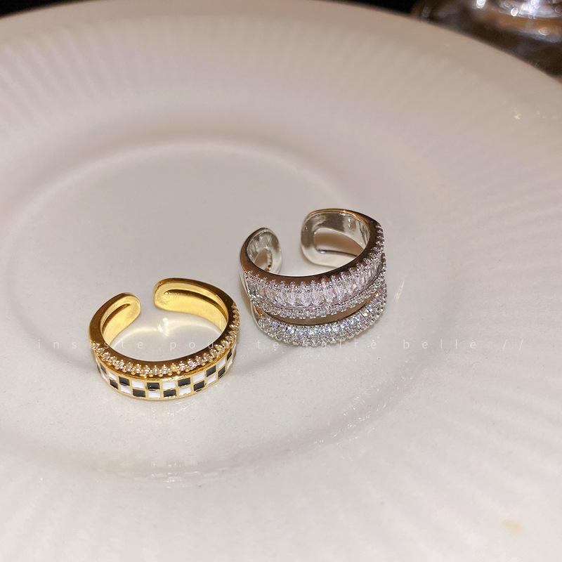 Zircon Checkerboard Double-layer Open Ring Temperament Fashionable Index Finger Ring Simple Personalized Jewelry