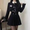 Women's Spring/Autumn American College Style Three-Piece Set: Short Blazer, High-Waisted Slimming Pleated Skirt