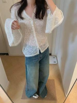 Spring-Summer Korean V-Neck 3D Floral Lace Blouse - Sheer Long Sleeve Sun Protection Top for Women