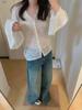 Spring-Summer Korean V-Neck 3D Floral Lace Blouse - Sheer Long Sleeve Sun Protection Top for Women