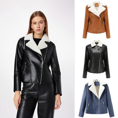 Women’s Jackets Faux Leather Cropped Lapel Collar Flannel Lined Warm Short Coat PU Bomber Moto Biker Outfits Winter Autumn Fashion Outwear
