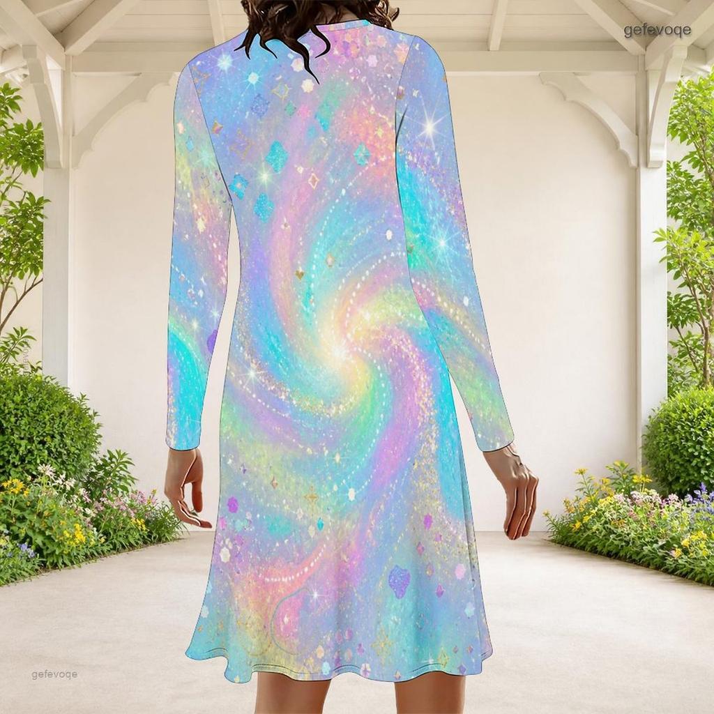 Women Plus Size Round Neck Long Sleeve Black Printed A Line Dress
