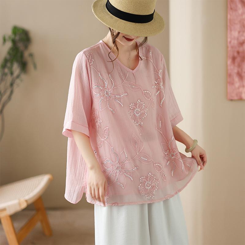 DIMANAF 2026 Große Größen Sommer Damen T-Shirts Lässige Damen Tops Tunikahemd Stickerei Floral Oversize Lockere T-Shirts
