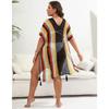 Plus Size Women's Color Contrast Patchwork Woven Hollow Beach Bikini Smock Dress Lace Up