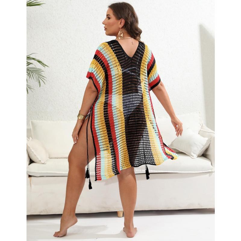 Plus Size Women's Color Contrast Patchwork Woven Hollow Beach Bikini Smock Dress Lace Up