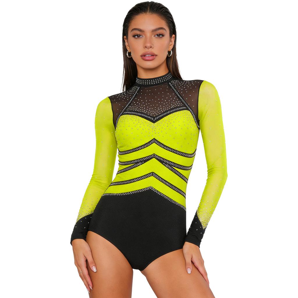 S-XXL Damen Performance Bodysuit: Rhinestone-Netz-Langarm mit Rückenausschnitt & Druckknöpfen im Schritt für Gymnastik, Eiskunstlauf