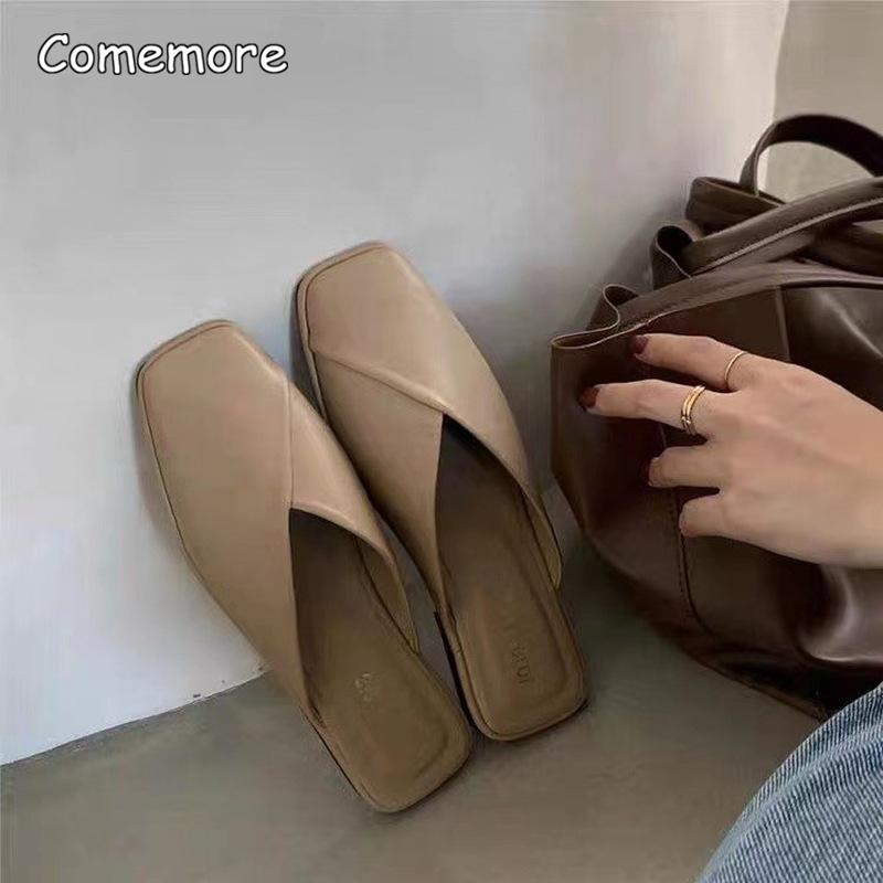 Fashion Comemore Fashion Slip On Mules Big Size 43 Flat Slippers 2025 Summer Women Flat Casual Outdoor Square Toe Shoes Ladies Slippers