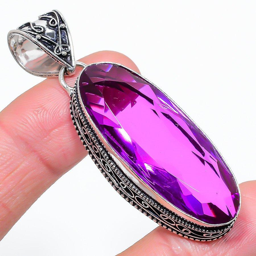 

Винтажный этнический ювелирный кулон ручной работы с розовым аметистом и драгоценным камнем 2,36 дюйма VR-1940