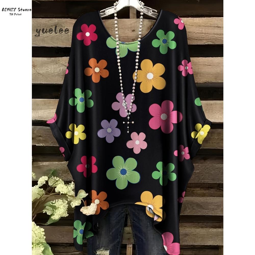 T-shirt Elegante Bohemien da Donna Stampa Notte Stellata Bianco Pois su Tutta la Superficie Orlo Asimmetrico Scollo a O Moda Casual Donna Abbigliamento Y2k