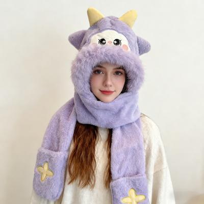 Automne Hiver Peluche Dessin animé Mignon Écharpe de cou Multifonctionnel Créatif Élégant Extérieur 3-en-1 Ensemble Chapeau Écharpe Gants Intégrés