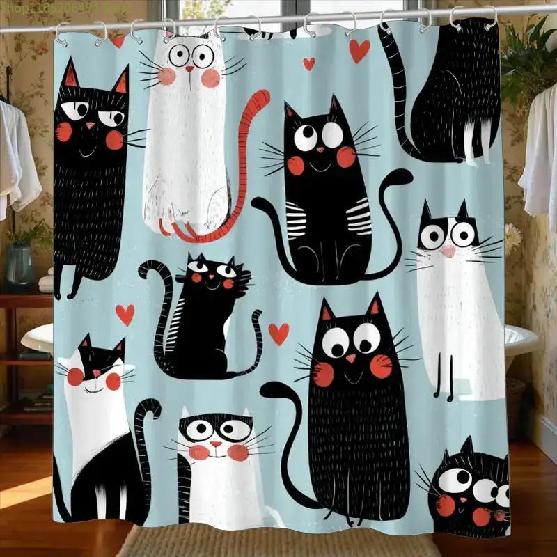 1pc Bathroom Shower Curtain, Cat Lovers' Gathering, Cute Pet Day Shower Curtain, Includes 12 Hooks, 180*180cm Bathroom Curtain