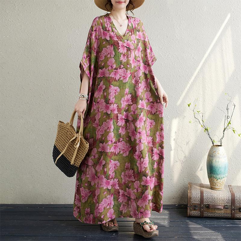 DIMANAF 2024 Plus Size Summer Women Beach Basic Loose Style Vintage Long Bohemian Dress Floral Print Dresses