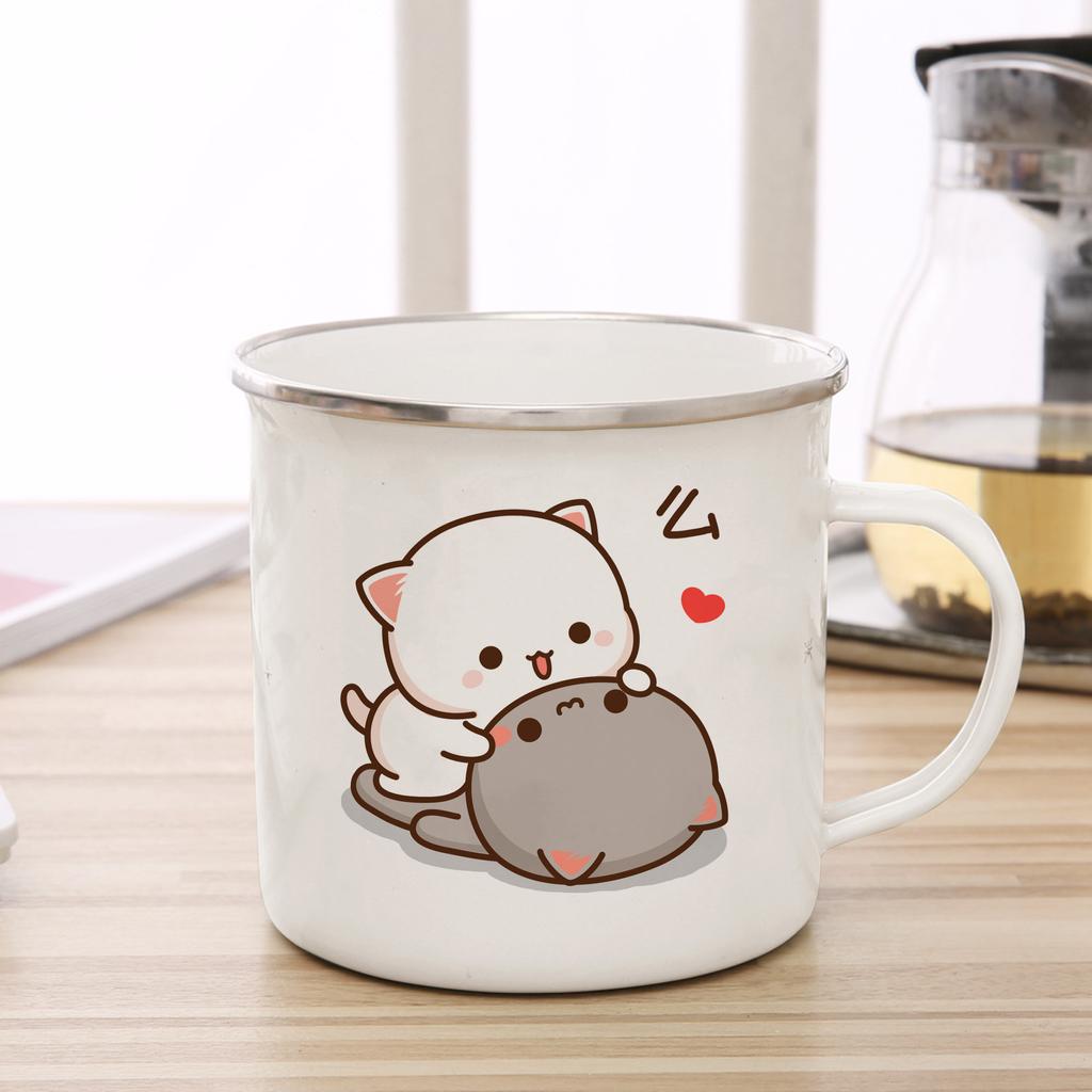 New Peach and Goma Cat Enamel Coffee Tea Cup Cute Animal Breakfast Dessert Milk Water Cup Couple Gift Original Breakfast Cups