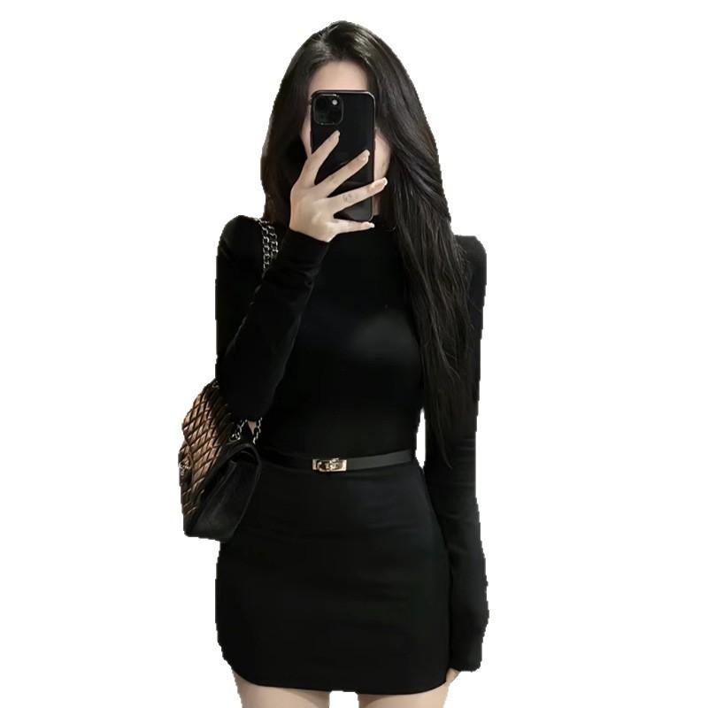 Black High Neck Long Sleeve Knit Bodycon Dress Women Slim Fit Short Mini Fall 2025