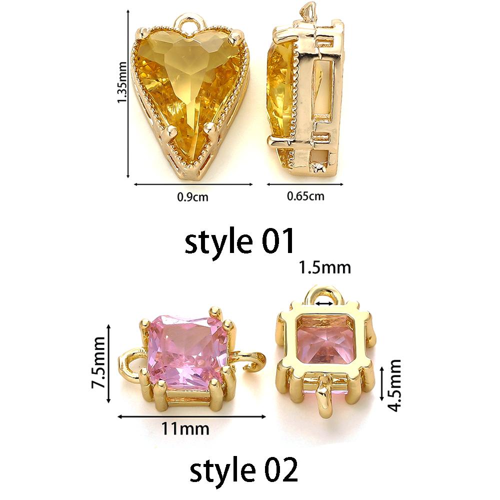 4/6Pcs 14/18K Gold Color Plated Zircon Single Hole Love Heart Double Hole Square Pendants For DIY Jewelry Making Findings