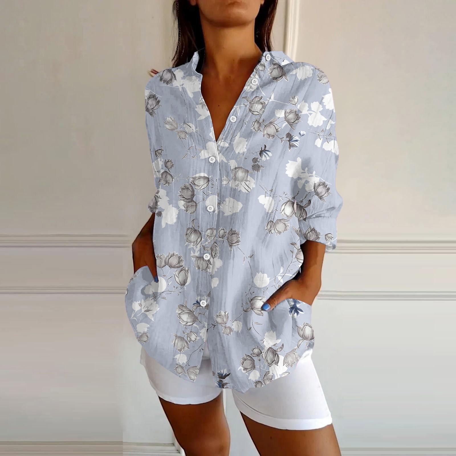 Womens Button Down Shirts Cotton Linen Long Sleeve Dress Shirts Casual Summer Tops Work Blouses L