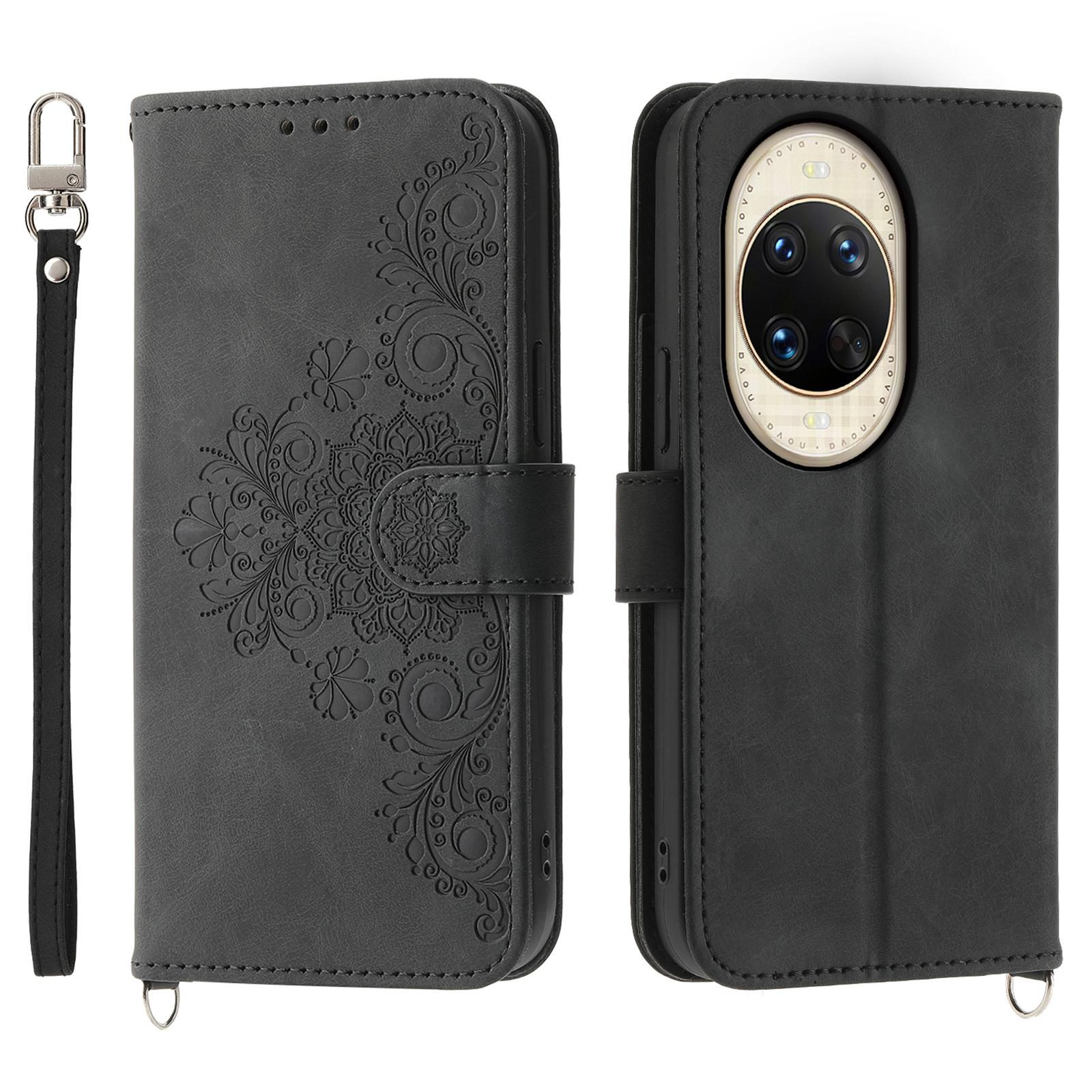 

For Huawei nova 14 Ultra 5G Case Flower Pattern PU Leather Wallet Phone Cover with Strap Black