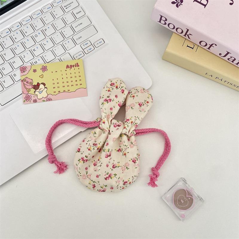 59302 Cute Rabbit Ears Floral Bouquet Mouth Drawstring Storage Bag Outdoor Portable Cosmetics Lipstick Hand Bag