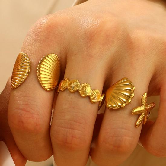 Stainless Steel Starfish & Seashell Open Ring - Ocean Holiday Style Jewelry for Women