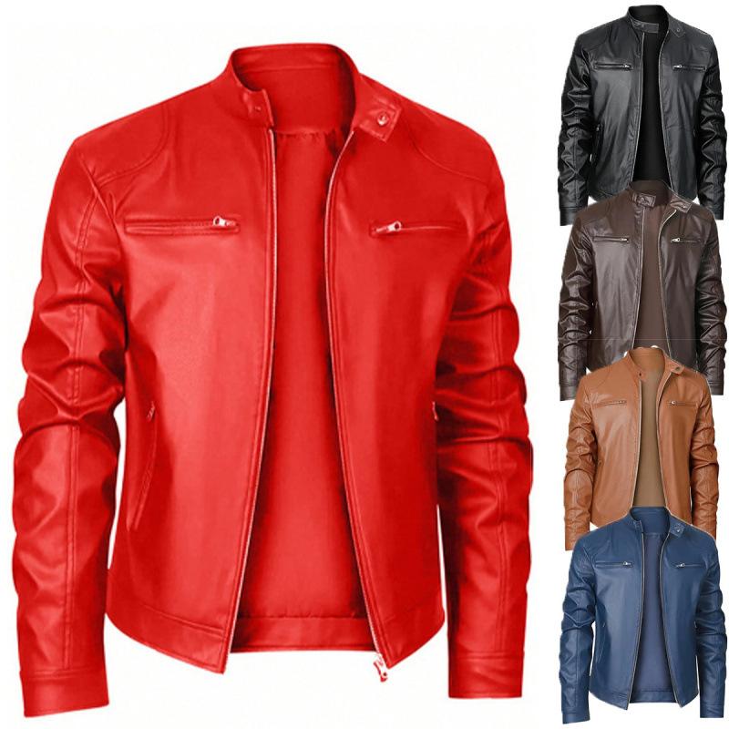 High quality men's stand-up collar European size leather jacket zipper pocket decorative leather jacket locomotive men's leather jacket