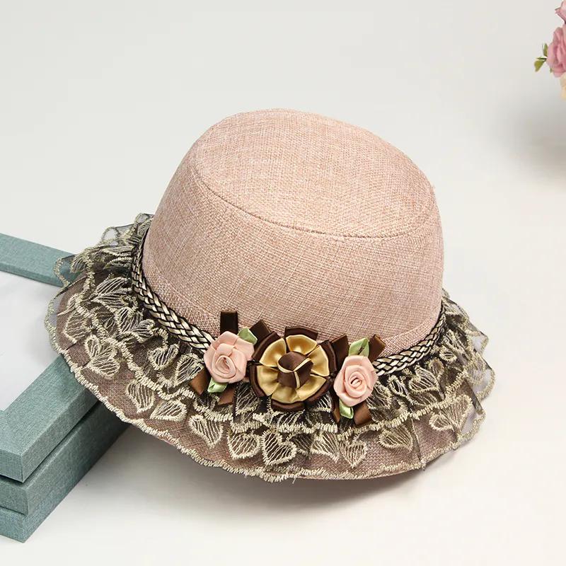 WTEMPO Party Dacing Hats Retro Elegant Summer Beach Flowers Lace Pacthwork Hats Breathable Wide Brim Foldable Large Sun Hats