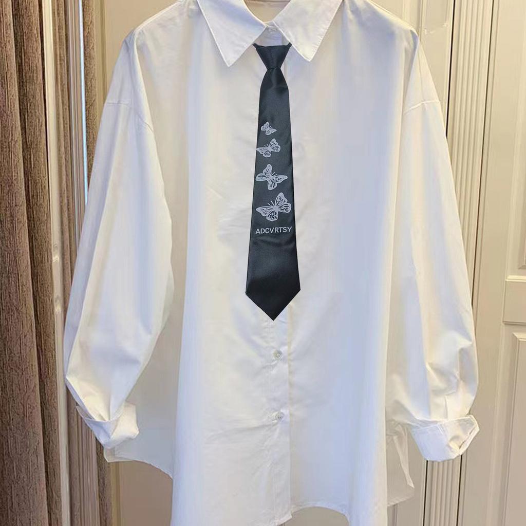 Unisex Japanese Campus Neck Tie Elegant Butterfly Floral Print Zippers Pre Tied Tie for Student Uniform and Shirt Collar