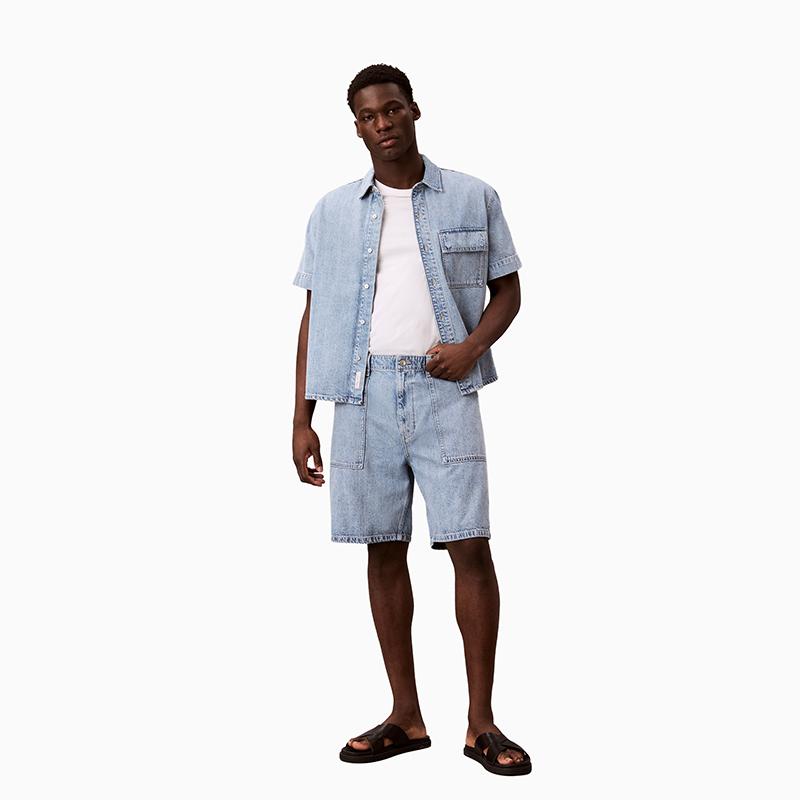 Calvin Klein Linen Blend American Style Retro Light Color Short Sleeve Denim Shirt Men Shirts 4RF906G