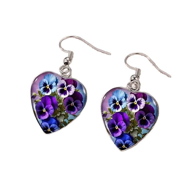 Bohemian Heart Earrings with Pansy Flower Design Pattern