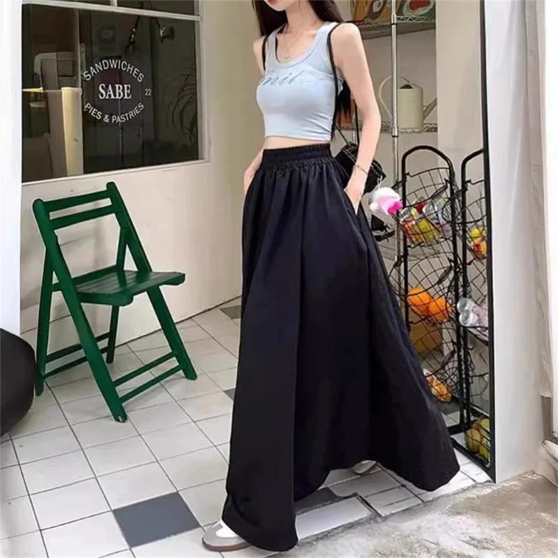 Women Retro Pockets A Line Long Skirt Ladies Casual Loose Elastic High Waist Midi Skirt Spring Summer Skirt