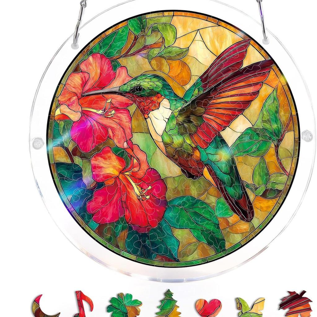 Acrylic Jigsaw Puzzle Suncatcher 83 Pieces-Emerald Flame Hummingbird, DIY Acrylic Puzzle Sun Catcher, Window&Garden Decor, Unique Gifts for Mom
