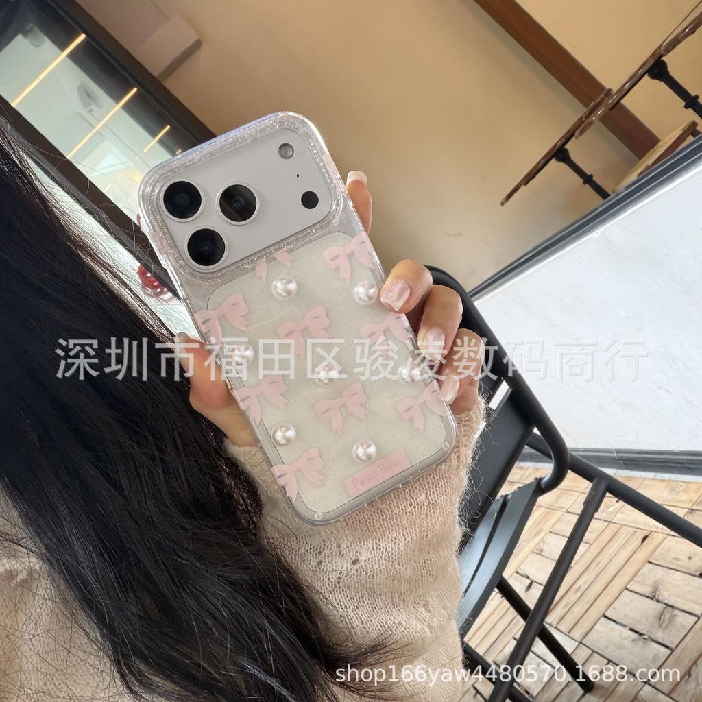 Korean Ins Full Screen Bow for Apple 17promax Mobile Phone Case iPhone16 Pearl 15 Glitter 14