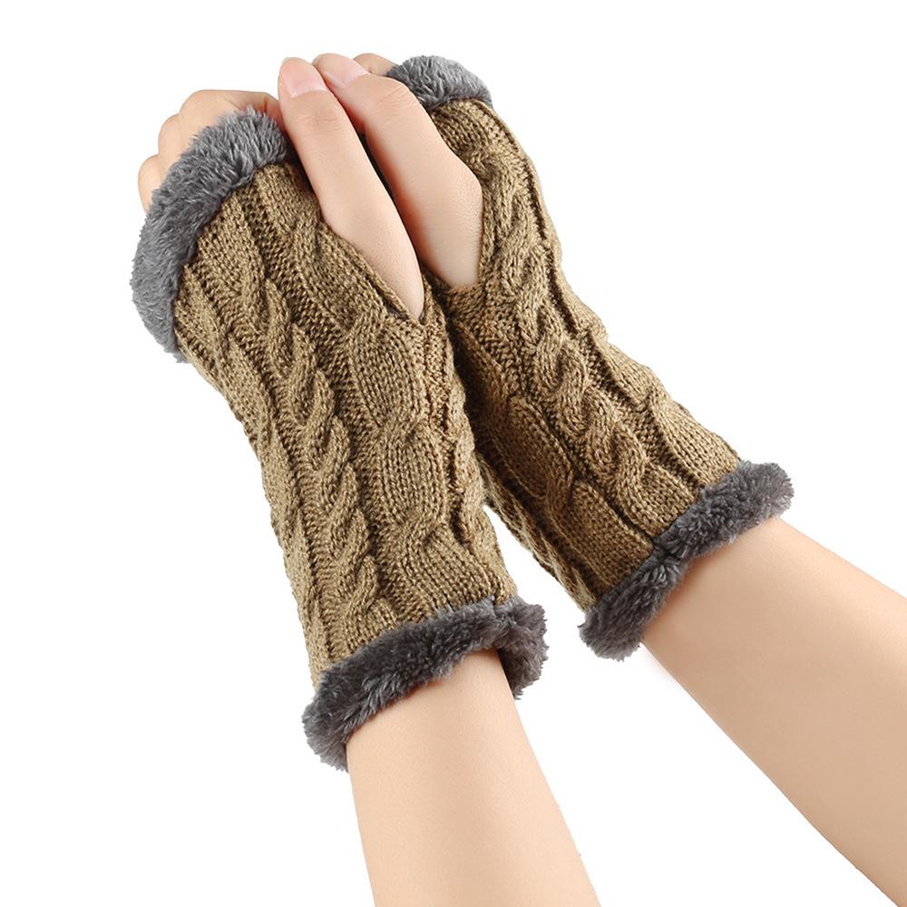 Solid Color Knitting Fingerless Plush Gloves Arm Warmers Thicked Gloves Autumn Winter Mittens For Adult