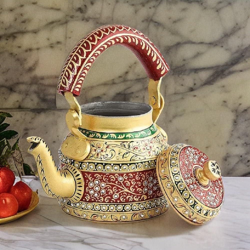 Traditional Handpainted Aluminum Kettle Tea Pot for Serving (Blue and White)