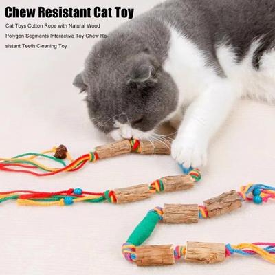 Cat Toys Cotton Rope with Natural Wood Polygon Segments Interactive Toy Chew Resistant Teeth Cleaning Toy