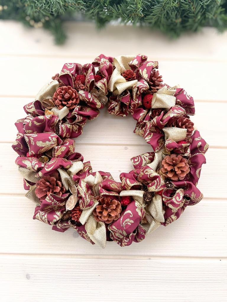 Ribbon Wreath Not Too Sweet Red Christmas Present Gift Ornament Artificial Flower Interior Diameter 30cm Red Lulu's Wreath Lulu's-1581