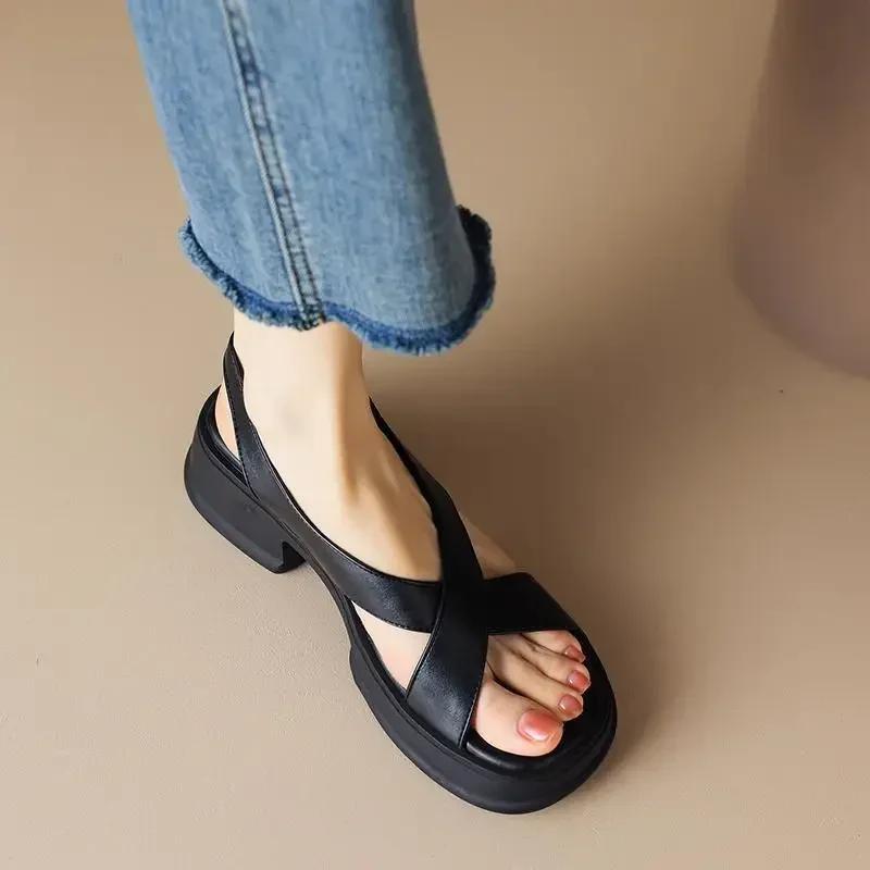 Fashion 2025 New Summer Sandal Women Open Toe Middle Heel Fashion Thick Bottom Women Shoes Leather Casual Solid Color Sandales for Women