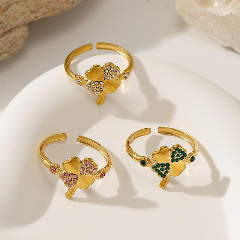 Stainless Steel Four-leaf Clover Open Ring Women's Gold-plated Diamond-set Light Luxury Niche Design Fashion Ring Zircon Jewelry