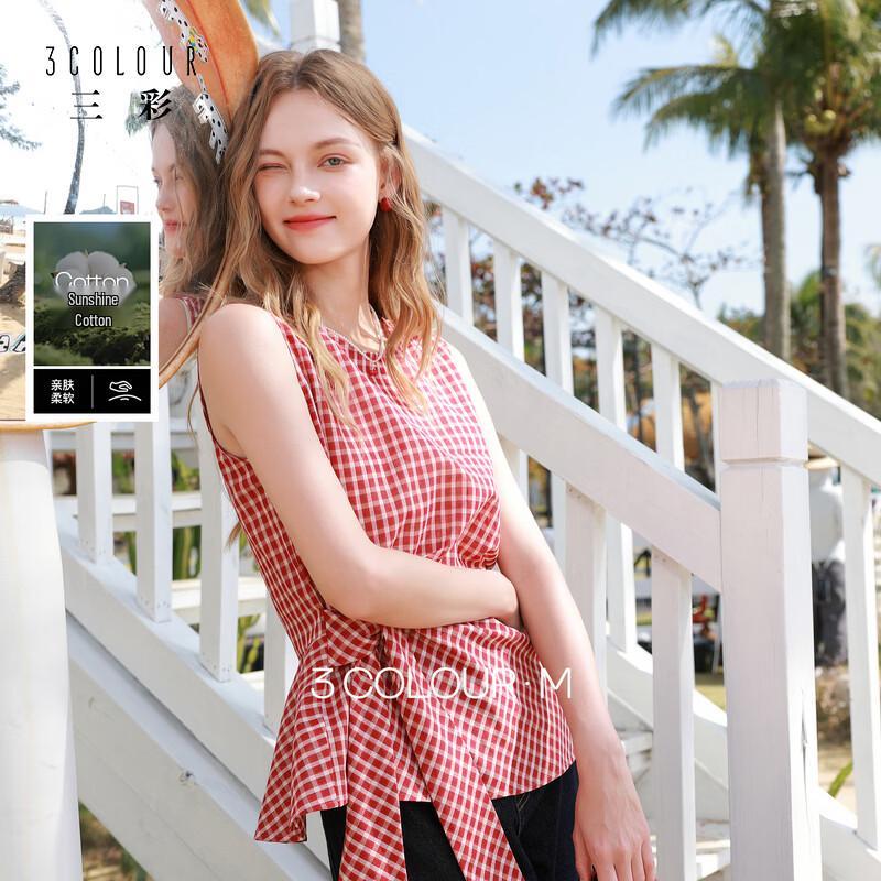 Women s Round Neck Sleeveless Tie-Waist Plaid Blouse M