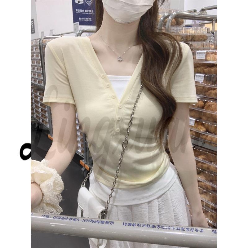 

Korean Style Color Block Fake Two-Piece Short Sleeve T-shirt with Button Design for Women Extra Large