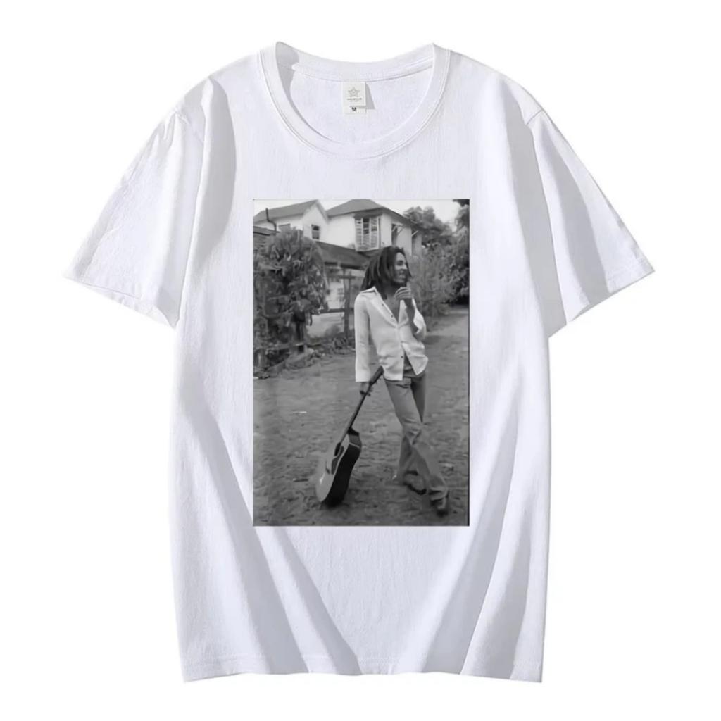 Bob Marley Černobílé Kytara Novinka Tričko Léto Pánské Dámské Vintage Hip Hop Oversized Krátký Rukáv Trička Gotický Streetwear