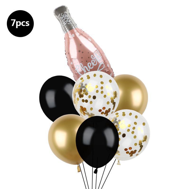 7-Piece Black Gold Sequins Happy New Year Happy New Year Theme Latex Aluminum Film Lift-Off Balloon Combination